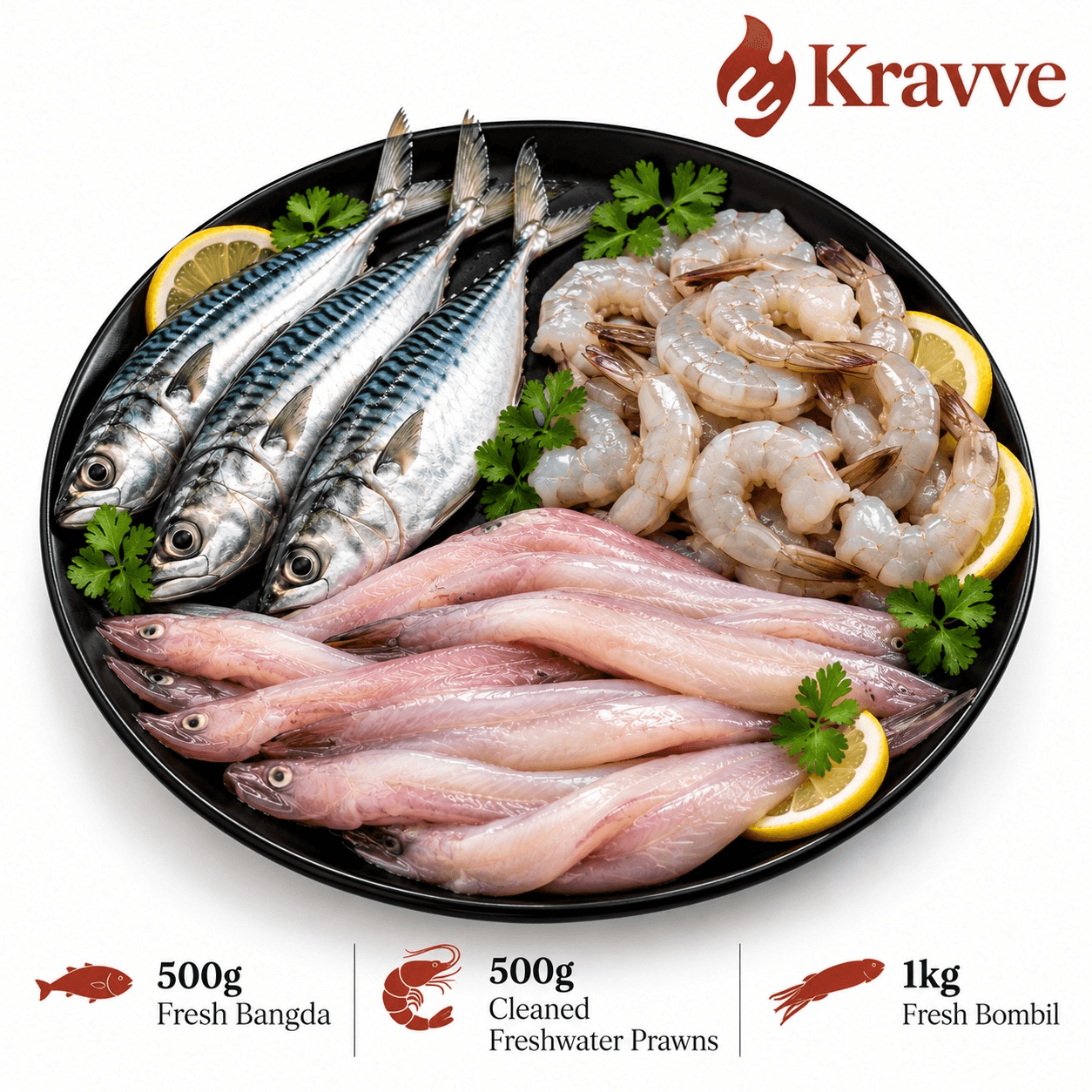 500g Fresh Bangda, 500g Freshwater Prawns, 1kg Fresh Bombil, Combo